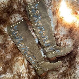 Frye Embroidered Knee-High Boots with Stud Accents
